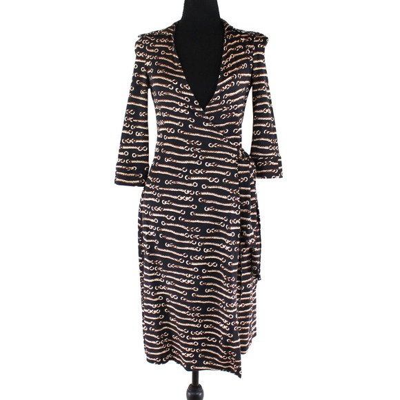 Diane Von Furstenberg Gold Chain Pattern Wrap Dress 2 Knee Length 3/4th Sleeve - Picture 1 of 7